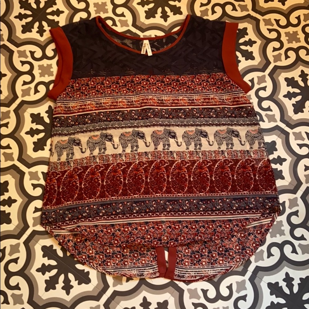 Burnt orange, navy blue, Boho shirt szM